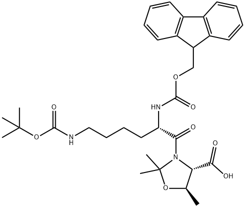 (4S,5R)-3-[(2S)-6-[[叔丁氧羰基]氨基]-2-[[芴甲氧羰基]氨基]-1-氧代己基]-2,2,5-三甲基-4-恶唑烷羧酸 结构式