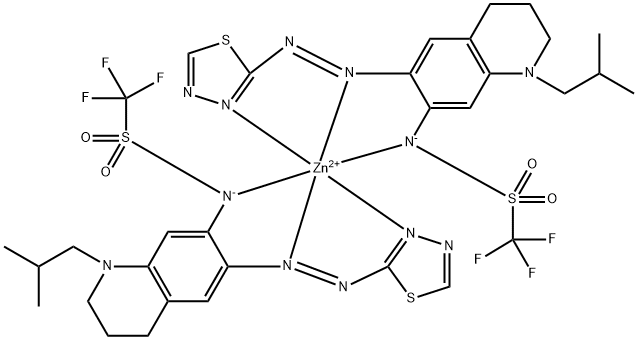 双[1,1,1-三氟-N-[1,2,3,4-四氢-1-(2-甲基丙基)-6-[(1,3,4-噻二唑-2-基-N3)偶氮-N1]-7-异喹啉基]甲磺酰胺根合-N]锌 结构式