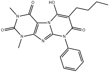 Pyrimido[2,1-f]purine-2,4,8(1H,3H,9H)-trione,  7-butyl-6-hydroxy-1,3-dimethyl-9-phenyl- 结构式