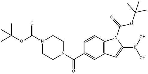 2-硼-5-[[4-[(1,1-二甲基乙氧基)羰基]-1-哌嗪基]羰基]-1H-吲哚-1-羧酸-1-(1,1-二甲基乙基)酯 结构式