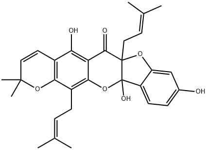 (+)-6a,11b-Dihydro-5,9,11b-trihydroxy-2,2-dimethyl-6a,13-bis(3-methyl-2-butenyl)-2H,6H-benzofuro[3,2-b]pyrano[3,2-g][1]benzopyran-6-one 结构式