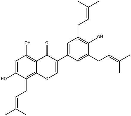 5,7-Dihydroxy-3-[4-hydroxy-3,5-bis(3-methyl-2-butenyl)phenyl]-8-(3-methyl-2-butenyl)-4H-1-benzopyran-4-one 结构式