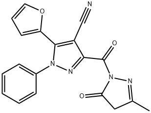 1H-Pyrazole-4-carbonitrile,  3-[(4,5-dihydro-3-methyl-5-oxo-1H-pyrazol-1-yl)carbonyl]-5-(2-furanyl)-1-phenyl- 结构式