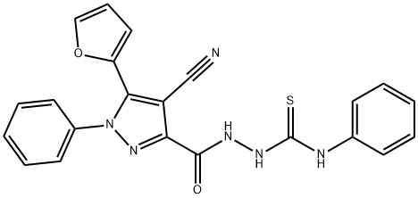 1H-Pyrazole-3-carboxylic  acid,  4-cyano-5-(2-furanyl)-1-phenyl-,  2-[(phenylamino)thioxomethyl]hydrazide 结构式
