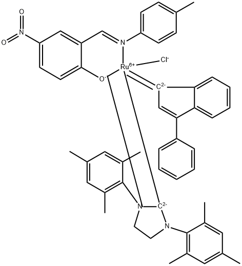 [2-[[(4-甲基苯基)亚胺]甲基]-4-硝基-苯酚] [3-苯基-1H吲哚-1-亚基][1,3-二(2,4,6-三甲苯)-4,5-二氢咪唑]钌(II)一氯化物 结构式