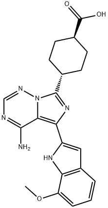反式-4-[4-氨基-5-(7-甲氧基-1H-吲哚-2-基)咪唑并[5,1-F][1,2,4]三嗪-7-基]环己烷羧酸 结构式