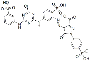 4-[[5-[[4-氯-6-[(3-磺苯基)氨基]-1,3,5-三嗪-2-基]氨基]-2-磺苯基]偶氮]-4,5-二氢-5-氧-1-(4-磺苯基)-1H-吡唑-3-羧酸 结构式