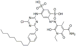 4-[[5-(aminocarbonyl)-1-ethyl-1,6-dihydro-2-hydroxy-4-methyl-6-oxo-3-pyridyl]azo]-6-[[4-chloro-6-(4-nonylphenoxy)-1,3,5-triazin-2-yl]amino]benzene-1,3-disulphonic acid 结构式