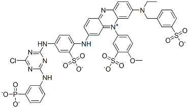 trihydrogen 3-[[4-[[4-chloro-6-[(3-phosphonatophenyl)amino]-1,3,5-triazin-2-yl]amino]-2-sulphonatophenyl]amino]-7-[ethyl[(3-sulphonatophenyl)methyl]amino]-5-(4-methoxy-3-sulphonatophenyl)phenazinium  结构式