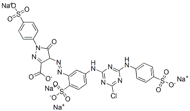 4-[[5-[[4-chloro-6-[(4-sulphophenyl)amino]-1,3,5-triazin-2-yl]amino]-2-sulphophenyl]azo]-4,5-dihydro-5-oxo-1-(4-sulphophenyl)-1H-pyrazole-3-carboxylic acid, sodium salt 结构式