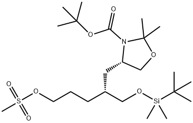 3-Oxazolidinecarboxylic acid, 4-[(2R)-2-[[[(1,1-diMethylethyl)diMethylsilyl]oxy]Methyl]-5-[(Methylsulfonyl)oxy]pentyl]-2,2-diMethyl-, 1,1-diMethylethyl ester, (4S)- 结构式