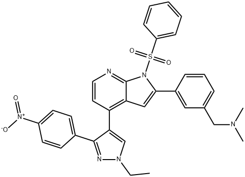 3-[4-[1-乙基-3-(4-硝基苯基)-1H-吡唑-4-基]-1-(苯磺酰基)-1H-吡咯并[2,3-B]吡啶-2-基]-N,N-二甲基苯甲胺 结构式