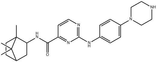 4-PYRIMIDINECARBOXAMIDE, 2-[[4-(1-PIPERAZINYL)PHENYL]AMINO]-N-(1,7,7-TRIMETHYLBICYCLO[2.2.1]HEPT-2-YL)- 结构式