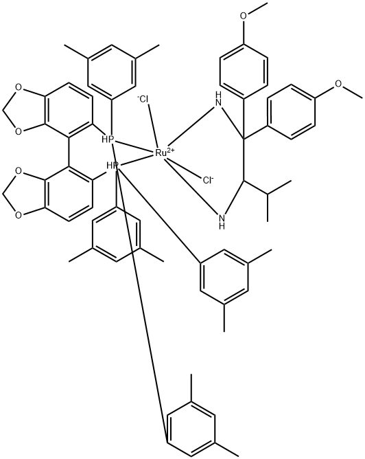 二氯化{(S)-(-)-5,5'-双[二(3,5-二甲苯基)磷]-4,4'-二-1,3-苯并二恶}[(2S)-(+)-1,1-双(4-甲氧基苯基)-3-甲基-1,2-丁二胺]钌 结构式