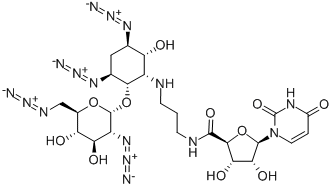 (2S,3S,4R,5R)-N-(3-((1S,2S,3S,5R,6R)-3,5-DIAZIDO-2-((2S,3R,4R,5S,6R)-3-AZIDO-6-(AZIDOMETHYL)-4,5-DIHYDROXYTETRAHYDRO-2H-PYRAN-2-YLOXY)-6-HYDROXYCYCLOHEXYLAMINO)PROPYL)-5-(2,4-DIOXO-3,4-DIHYDROPYRIMIDIN-1(2H)-YL)-3,4-DIHYDROXYTETRAHYDROFURAN-2-CARBOXAMIDE 结构式