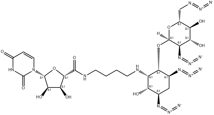 (2S,3S,4R,5R)-N-(4-((1S,2S,3S,5R,6R)-3,5-DIAZIDO-2-((2S,3R,4R,5S,6R)-3-AZIDO-6-(AZIDOMETHYL)-4,5-DIHYDROXYTETRAHYDRO-2H-PYRAN-2-YLOXY)-6-HYDROXYCYCLOHEXYLAMINO)BUTYL)-5-(2,4-DIOXO-3,4-DIHYDROPYRIMIDIN-1(2H)-YL)-3,4-DIHYDROXYTETRAHYDROFURAN-2-CARBOXAMIDE 结构式