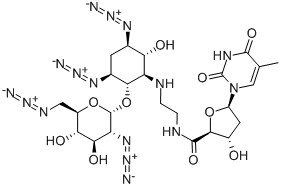 (2S,3S,5R)-N-(2-((1S,2S,3S,5R,6R)-3,5-DIAZIDO-2-((2S,3R,4R,5S,6R)-3-AZIDO-6-(AZIDOMETHYL)-4,5-DIHYDROXYTETRAHYDRO-2H-PYRAN-2-YLOXY)-6-HYDROXYCYCLOHEXYLAMINO)ETHYL)-3-HYDROXY-5-(5-METHYL-2,4-DIOXO-3,4-DIHYDROPYRIMIDIN-1(2H)-YL)TETRAHYDROFURAN-2-CARBOXAMIDE 结构式