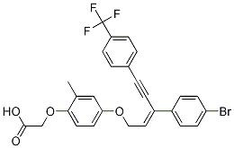 Acetic acid, 2-[4-[[(2Z)-3-(4-broMophenyl)-5-[4-(trifluoroMethyl)phenyl]-2-penten-4-yn-1-yl]oxy]-2-Methylphenoxy]- 结构式
