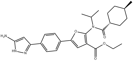 3-Furancarboxylic  acid,  5-[4-(5-amino-1H-pyrazol-3-yl)phenyl]-2-[[(trans-4-methylcyclohexyl)carbonyl](1-methylethyl)amino]-,  ethyl  ester 结构式