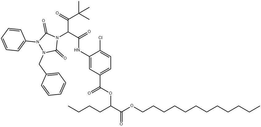 4-氯-3-[2-[3,5-二氧代-1-苯基-2-苄基-1,2,4-三唑烷-4-基]-4,4-二甲基-1,3-二氧代戊氨基]苯甲酸(1-十二烷氧羰基)戊酯 结构式