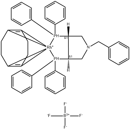 (+)-1-苄基-[(3R,4R)-双(二苯基膦)]吡咯烷(1,5-环辛二烯)四氟硼酸铑(I) 结构式
