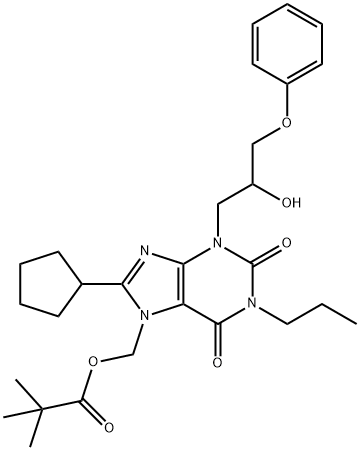 [8-CYCLOPENTYL-3-[3-(4-METHYLPHENYL)SULFONYLOXYPROPYL]-2,6-DIOXO-1-PROPYL-4,5-DIHYDROPURIN-7-YL]METHYL 2,2-DIMETHYLPROPANOATE 结构式