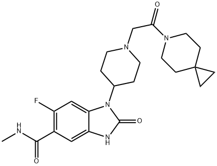 1H-Benzimidazole-5-carboxamide, 1-[1-[2-(6-azaspiro[2.5]oct-6-yl)-2-oxoethyl]-4-piperidinyl]-6-fluoro-2,3-dihydro-N-methyl-2-oxo- 结构式