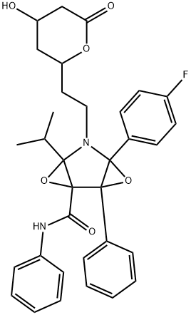4-(4-氟苯基)-6-(1-甲基乙基)-N,2-二苯基-5-[2-(四氢-4-羟基-6-氧代-2H-吡喃-2-基)乙基]-3,7-二氧杂-5-氮杂三环[4.1.0.0(2,4)]庚烷-1-甲酰胺 结构式