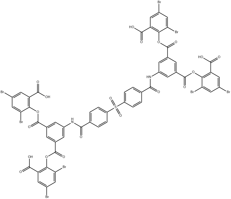 1,3-Benzenedicarboxylic acid, 5,5'-[sulfonylbis(4,1-phenylenecarbonylimino)]bis-, 1,1',3,3'-tetrakis(2,4-dibromo-6-carboxyphenyl) ester 结构式