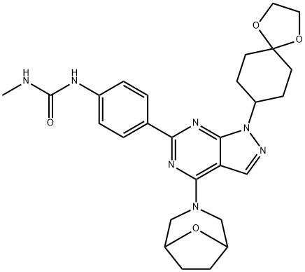 N-[4-[1-(1,4-二氧杂螺[4.5]癸烷-8-基)-4-(8-氧杂-3-氮杂双环[3.2.1]辛烷-3-基)-1H-吡唑并[3,4-D]嘧啶-6-基]苯基]-N'-甲基脲 结构式