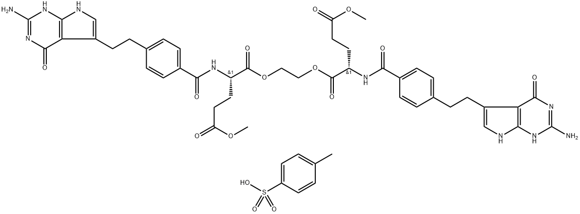 N-[4-[2-(2-氨基-4,7-二氢-4-氧代-3H-吡咯并[2,3-D]嘧啶-5-基)乙基]苯甲酰]-L-谷氨酸 1,1'-(1,2-乙基二酯) 5,5'-二甲酯对甲苯磺酸盐 结构式