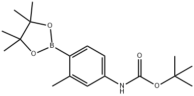 叔丁基(3-甲基-4-(4,4,5,5-四甲基-1,3,2-二氧杂硼杂环戊烷-2-基)苯基)氨基甲酸酯 结构式