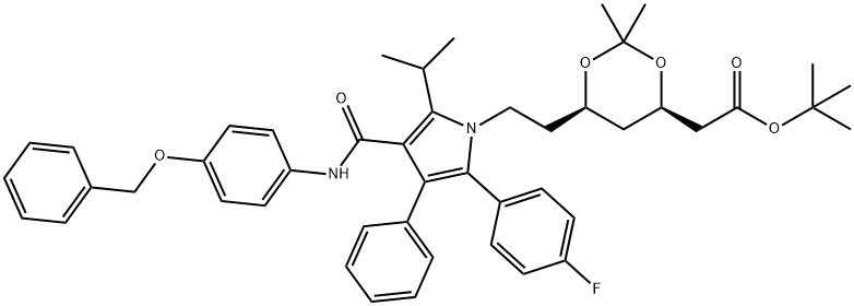 (6-{2-[3-(4-Benzyloxy-phenylcarbamoyl)-5-(4-fluoro-phenyl)-2-isopropyl-4-phenyl-pyrrol-1-yl]-ethyl}-2,2-dimethyl-[1,3]-dioxane-4-yl)-acetic Acid, tert-Butyl Ester 结构式