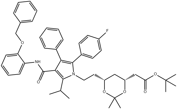 (6-{2-[3-(2-Benzyloxy-phenylcarbamoyl)-5-(4-fluoro-phenyl)-2-isopropyl-4-phenyl-pyrrol-1-yl]-ethyl}-2,2-dimethyl-[1,3]-dioxane-4-yl)-acetic Acid, tert-Butyl Ester 结构式