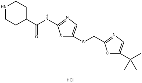 N-[5-[[[5-(1,1-二甲基乙基)-2-二唑基]甲基]硫基]-2-噻唑基]-4-哌啶甲酰胺盐酸盐 结构式