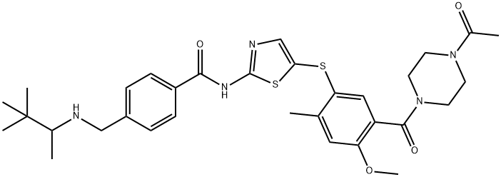 N-(5-((5-(4-乙酰基哌嗪-1-甲酰基)-4-甲氧基-2-甲基苯基)硫基)噻唑-2-基)-4-(((3,3-二甲基丁烷-2-基)氨基)甲基)苯甲酰胺 结构式