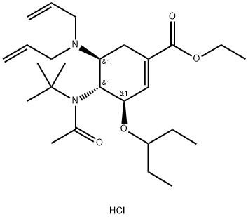 (3R,4R,5S)-4-N-乙酰基(叔丁基)氨基-5-N,N-二烯丙基氨基-3-(1-乙基丙氧基)-1-环己烯-1-甲酸乙酯单盐酸盐 结构式