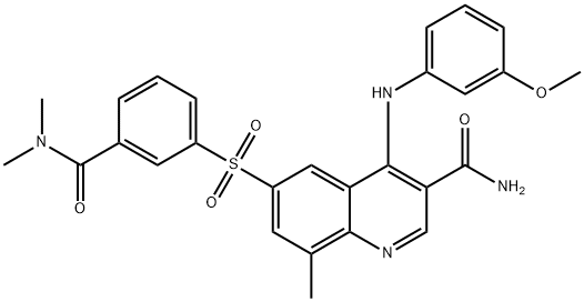 6-[[3-[(二甲基氨基)羰基]苯基]磺酰]-4-[(3-甲氧基苯基)氨基]-8-甲基-3-喹啉甲酰胺 结构式