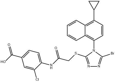 4-[[2-[[5-溴-4-(4-环丙基-1-萘基)-4H-1,2,4-三唑-3-基]硫]乙酰]氨基]-3-氯苯甲酸 结构式
