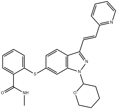 N-甲基-2-[[3-[(1E)-2-(2-吡啶基)乙烯基]-1-(四氢-2H-吡喃-2-基)-1H-吲唑-6-基]硫基]苯甲酰胺 结构式
