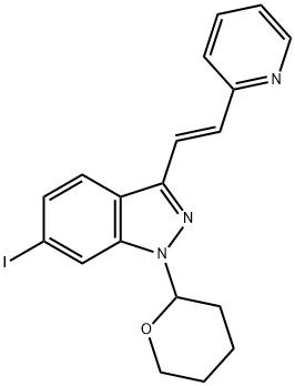 (E)-6-碘-3-[2-(吡啶-2-基)乙烯基]-1-(四氢-2H-吡喃-2-基)-1H-吲唑 结构式