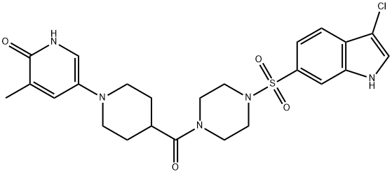 2(1H)-Pyridinone, 5-[4-[[4-[(3-chloro-1H-indol-6-yl)sulfonyl]-1-piperazinyl]carbonyl]-1-piperidinyl]-3-methyl- 结构式