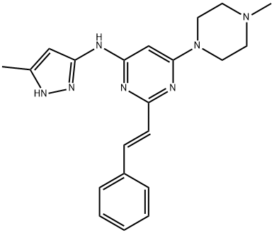 6-(4-甲基-1-哌嗪基)-N-(5-甲基-1H-吡唑-3-基)-2-[(1E)-2-苯乙烯基]-4-嘧啶胺 结构式