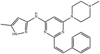 6-(4-甲基-1-哌嗪基)-N-(5-甲基-1H-吡唑-3-基)-2-[(1Z)-2-苯基乙烯基]-4-嘧啶胺 结构式