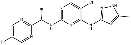 5-氯-N2-[(1S)-1-(5-氟-2-嘧啶基)乙基]-N4-(5-甲基-1H-吡唑-3-基)-2,4-嘧啶二胺 结构式