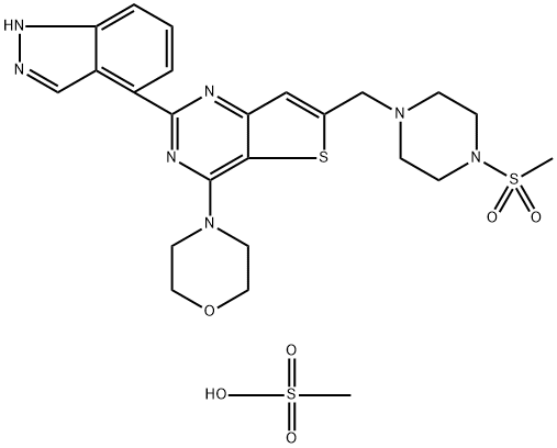 2-(1H-吲唑-4-基)-6-[[4-(甲磺酰基)-1-哌嗪基]甲基]-4-(4-吗啉基)噻吩并[3,2-D]嘧啶甲磺酸盐 结构式