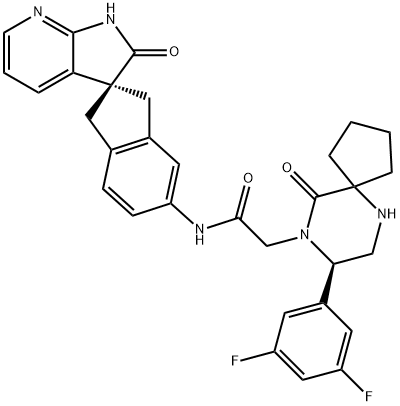 (8R)-8-(3,5-二氟苯基)-10-氧代-N-[(2R)-1,1',2',3-四氢-2'-氧代螺[2H-茚-2,3'-[3H]吡咯并[2,3-B]吡啶]-5-基]-6,9-二氮杂螺[4.5]癸烷-9-乙酰胺 结构式