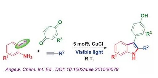 吲哚的光诱导铜催化区域选择性合成：芳香胺类、端基炔及醌的三组分偶联反应