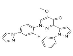 	Pyridone 6[1-[2-fluoro-4-(1H-pyrazol-1-yl)phenyl]-5-methoxy-3-(1-phenyl-1H-pyrazol-5-yl)pyridazin-4(1H)-one]