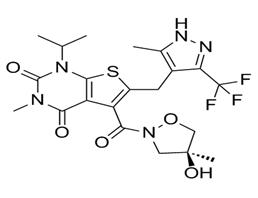 5-{[(4S)-4-Hydroxy-4-methyl-1,2-oxazolidin-2-yl]carbonyl}-1-isopropyl-3-methyl-6-{[5-methyl-3-(trifluoromethyl)-1H-pyrazol-4-yl]methyl}thieno[2,3-d]pyrimidine-2,4(1H,3H)-dione